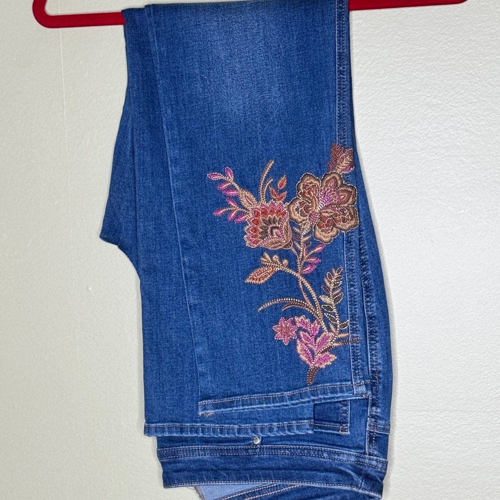 Chico's Floral Embroidered Skinny Jeans - Blue and Pink
